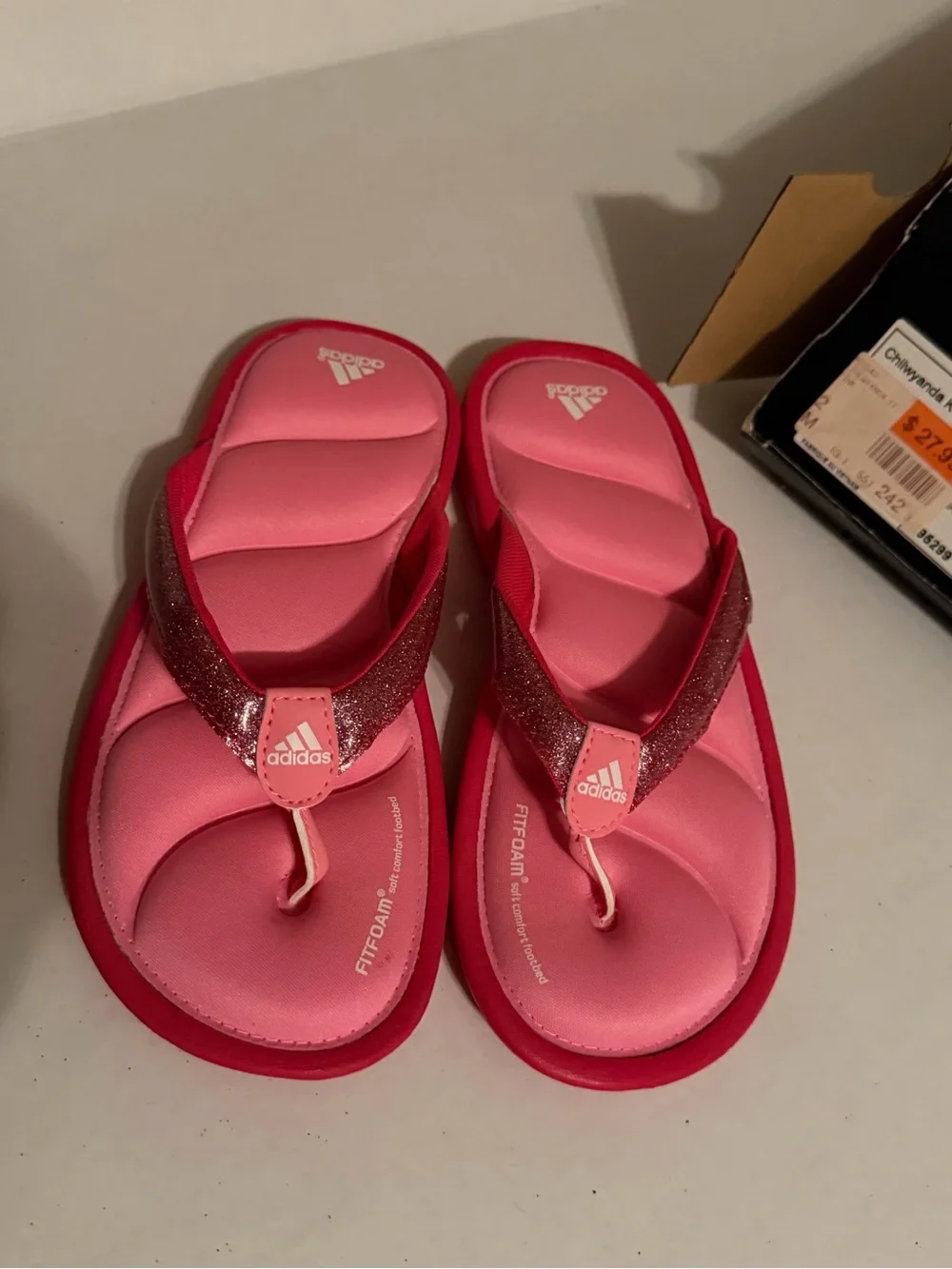 #195 adidas Kids Pink Padded Glitter Strap Flip-Flops